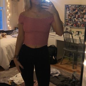 Red & White Off-The-Shoulder Cropped Shirt